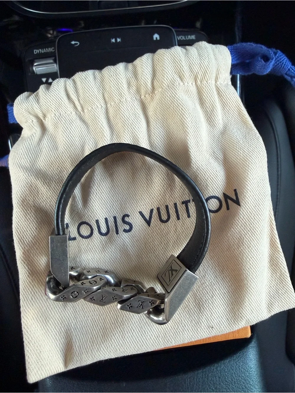 Louis Vuitton Black Leather Bracelet with Silver-Tone Chain and LV Clasp